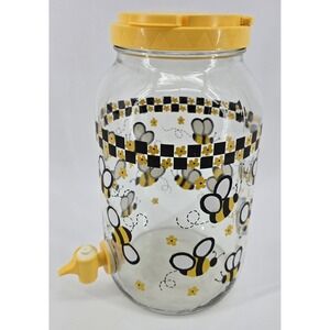 Vtg 90s Glass Sun Tea Jar Bees Flowers Yellow Plastic Lid w/ Handle Spout 1 Gal